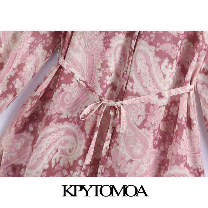 Women Chic Fashion With Belt Paisley Print Chiffon Midi Dress Long Sleeve Side Vents Female Dresses Mujer 210420