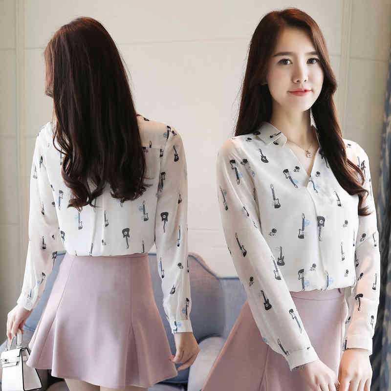 Fashion Elegant Long Sleeve Women Tops Autumn Loose Clothing V-neck Chiffon Slim Casual Blouses 5997 50 210510