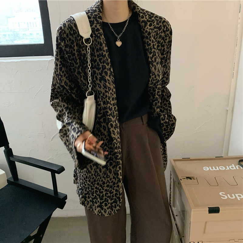 OL Work Wear Fashion Leopard Blazer Women Autumn Elegant Tops Chic Cardigan Loose Thin Suit Jack Female Blazers 210421