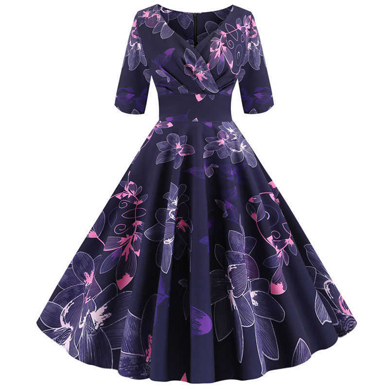 Women flower print Autumn dress Casual Winter half sleeve Elegant Vintage dress Robe femme plus size pinup office party vestidos 210630