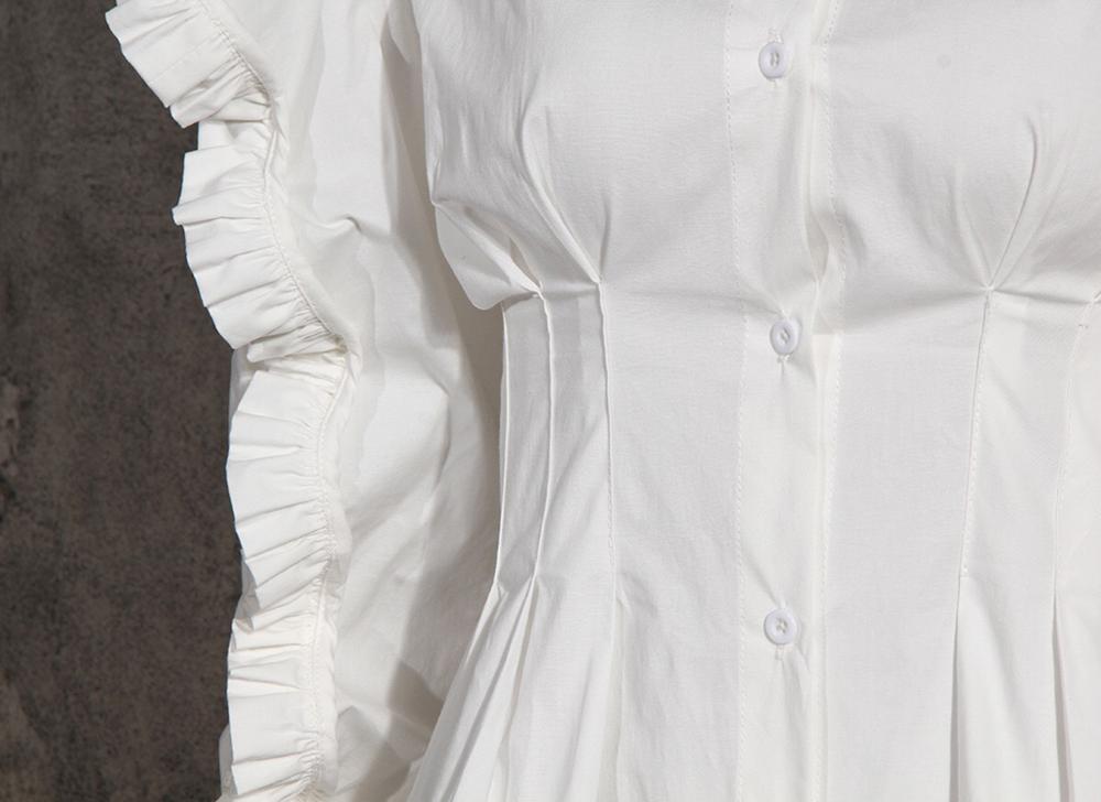 High quality Black White Ruffles Long sleeve Woman Shirt Retro Lapel Single-breasted Blouse Causal Ruched Slim Tops Blousas 210429