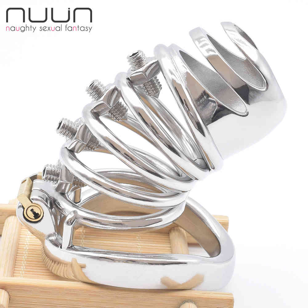 NUUN Male Chastity Device Bolted CBT Cock Cage with Spikes Stimulate Denial Penis Rings BDSM Bondage Kink Sissy Sex Toys for Men 210408
