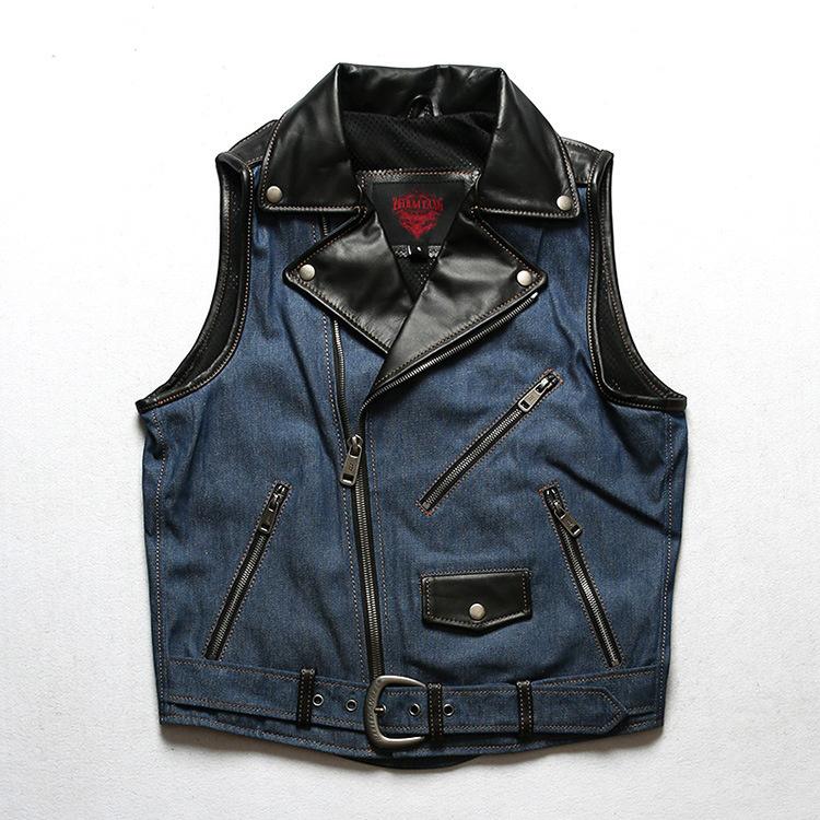 Men' Vests Genuine Mens Leather Denim Patchwork Motorcycle Biker Style Waistcoat/Vest Strong Breathable, Dark blue
Men' Vests Genuine Mens Leather Denim Patchwork Motorcycle Biker Style Waistcoat/Vest Strong Breathable, Dark blue