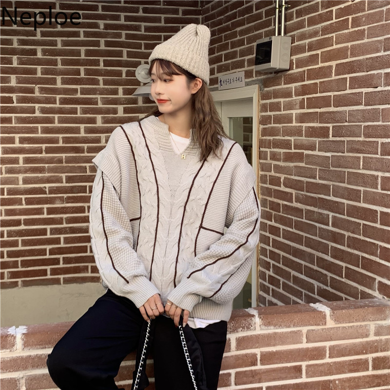 Neploe Vintage Knitted Sweaters for Women Overiszed Outwear Temperament Pullovers V-neck Ribbed Jumper Coat Pull Femme 4G825 210422