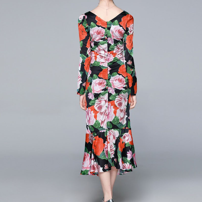 spring summer arrival rose flower square collar long sleeve meirmaid midi dress for women draped party causal dresses 210421