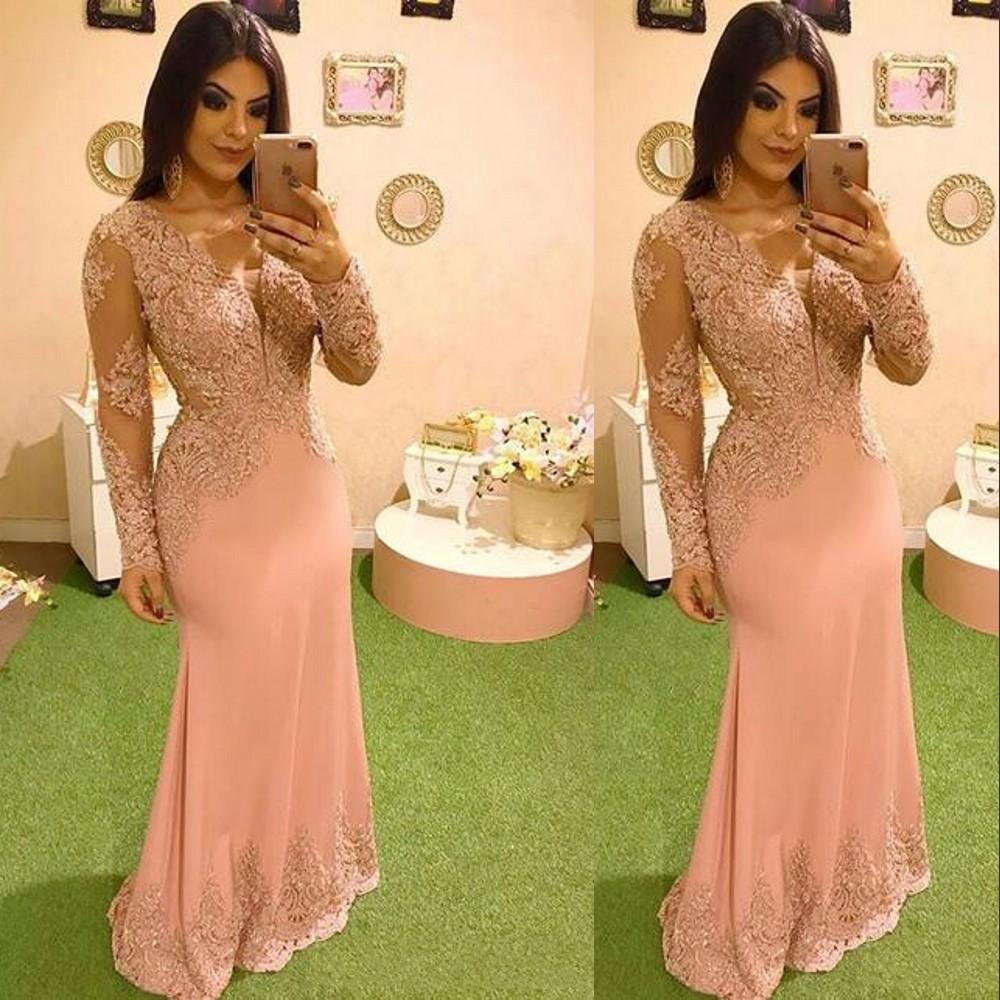 Pink Evening Woman Wear Sexy V Neck Lace Appliques Crystal Beads Mermaid Long Sleeves Formal Party Dress Prom Gowns