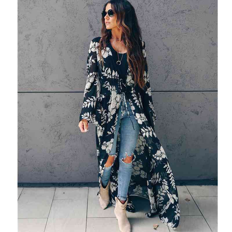 Bikini Cover-ups Boho Printed Long Kimono Cardigan Plus Size White Black Chiffon Tunic Women Beach Wear Swim Suit Cover Up A225 210420