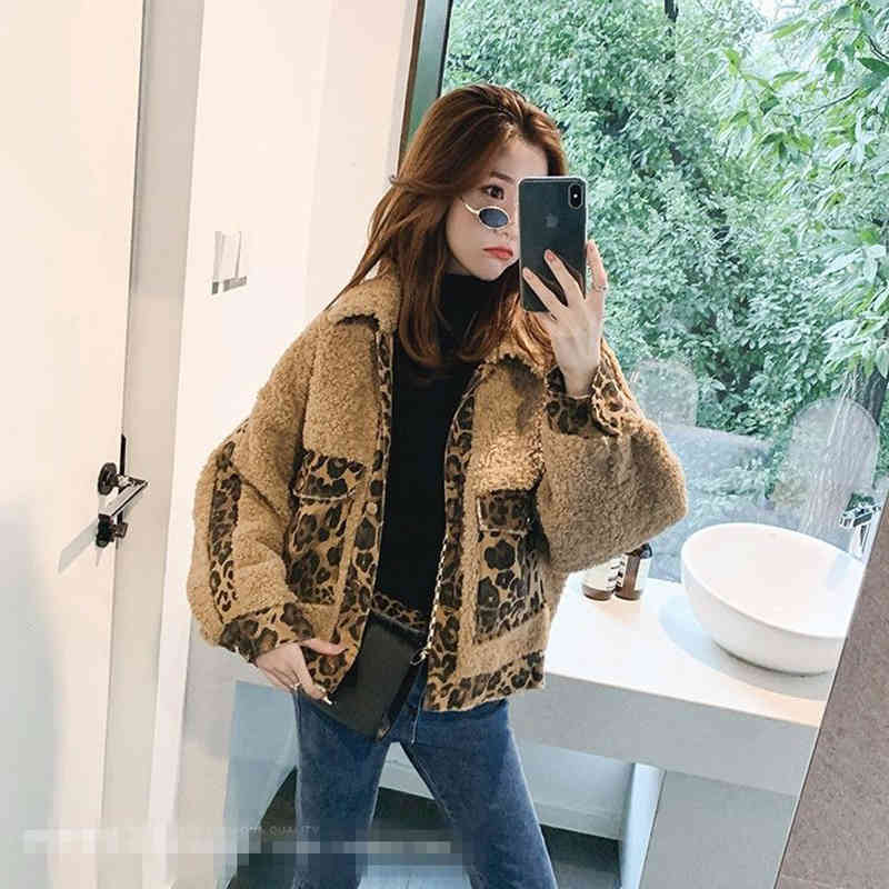 Autumn Winter Korea Fashion Splice Leopard Short Coat Thick Warm Women Jackets Loose Lamb Wool Turn-down Collar Jaket D302 210512