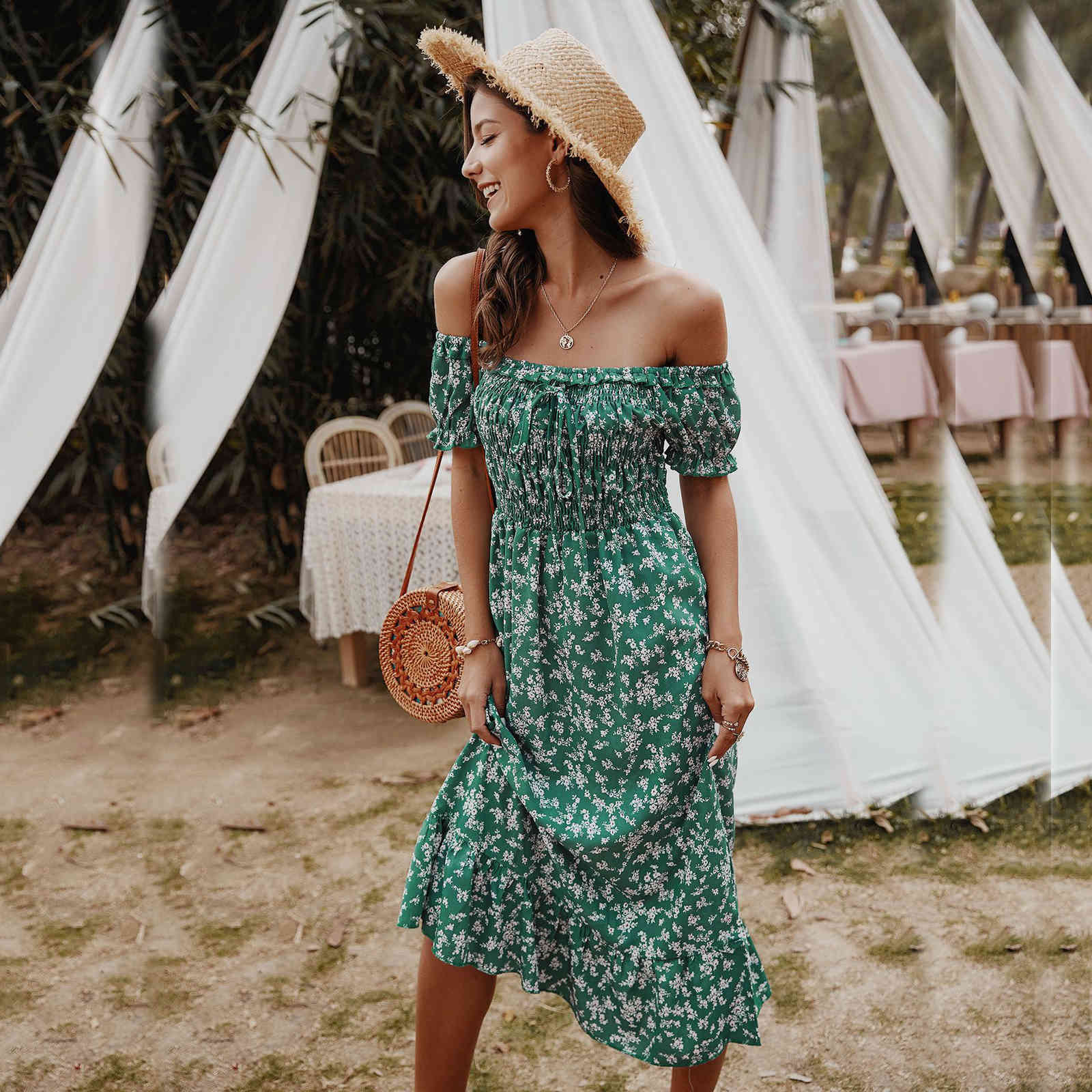 Loose Elegant Fashion Women long Dress Bohe short sleeve elastic bust pleated Long dresses summer beach dress 210524