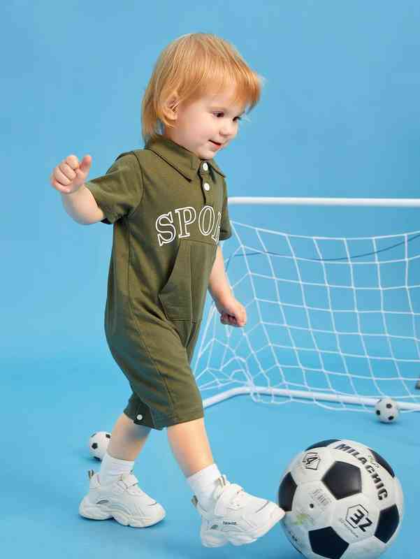 Baby Letter Graphic Kangaroo Pocket Polo Neck Romper SHE