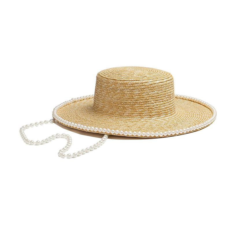 Wide Brim Hats Panama Women's Summer Hat Pearl Chain Decoration Sun Protection Cap Female Flat Top Straw Beach, Beige
Wide Brim Hats Panama Women's Summer Hat Pearl Chain Decoration Sun Protection Cap Female Flat Top Straw Beach, Beige