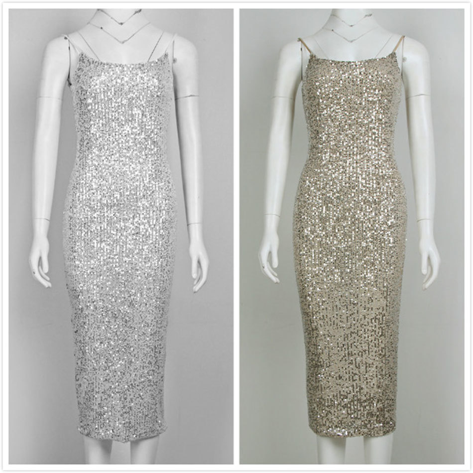 Free Sexy Halter Sequin Dress Spaghetti Strap Sleeveless Bodycon Midi Celebrity Club Party Vestido 210524