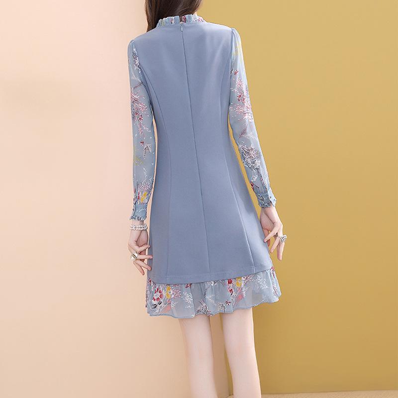 Casual Dresses Fashion Blue Print Dress Women 2021 Listing O-neck Long Sleeve Slim Temperament OL Office Lady Vestido