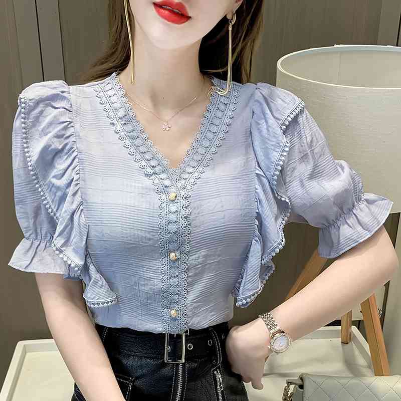 Summer Women Korean-Style Loose Shirt V-neck Ruffled Short-Sleeved Ladies Top Fashion Sweet Pullover Solid Blouses 210515