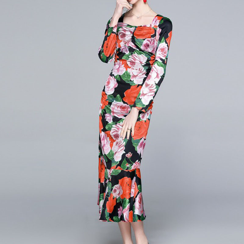 spring summer arrival rose flower square collar long sleeve meirmaid midi dress for women draped party causal dresses 210421
