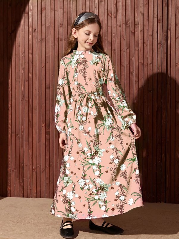 Girls Floral Print Lantern Sleeve Belted Dress SHE