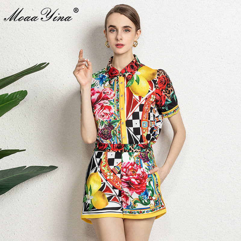 Fashion Runway Summer Two Piece Sets Women's Floral Print Loose Shirts and Shorts Suit 210524