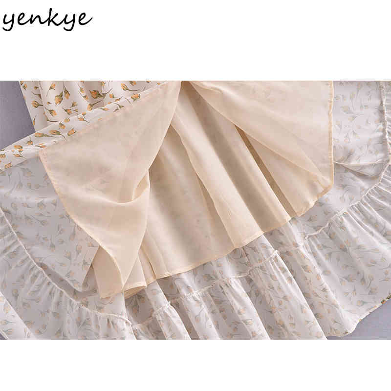 YENKYE Vintage Floral Print Chiffon Dress Women Elegant Square Neck Sexy Slits Vestido Female Summer Holiday Party Dresses 210515
