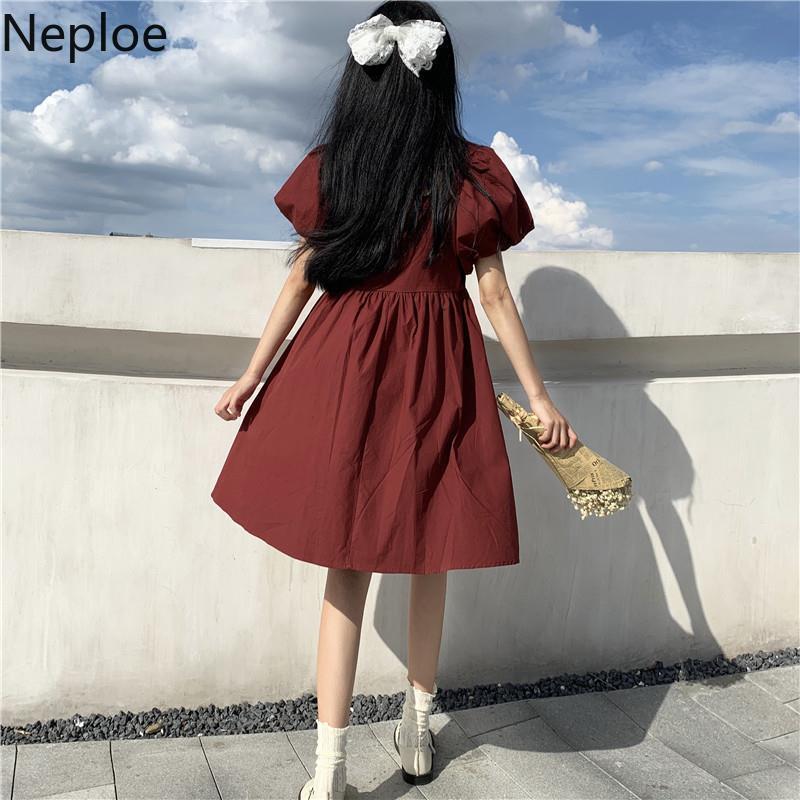 Neploe Preppy Style Women Dress Summer Square Collar Puff Sleeve Vestido Mujer Korean Fashion Bow Loose Black Dresses 94816 210422