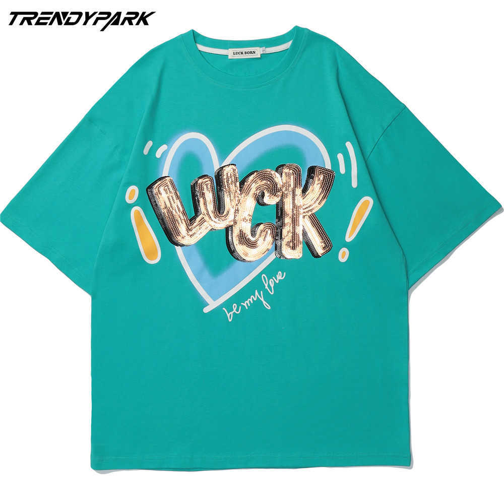 Men's Luck T-shirt Summer Short Sleeve Reflector Embroidery Tee Hip Hop Oversized Cotton Casual Harajuku Streetwear Top Tshirts 210601