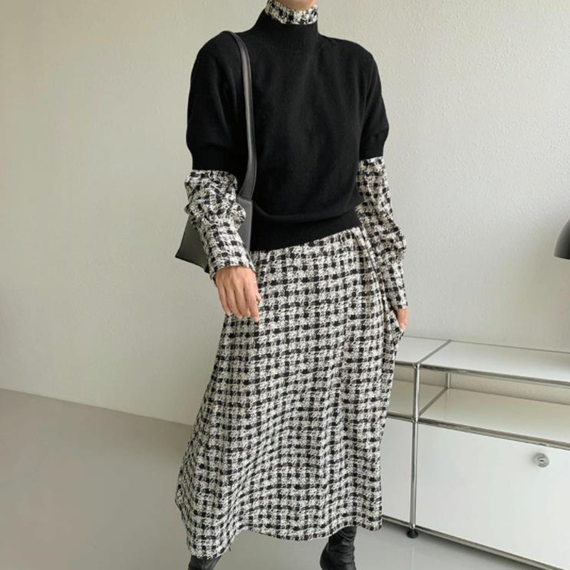 Minimalist Autumn Dress Women Vintage Classic Black and White Print Elegant OL Work Wear Long Dresses Vestidos 210421