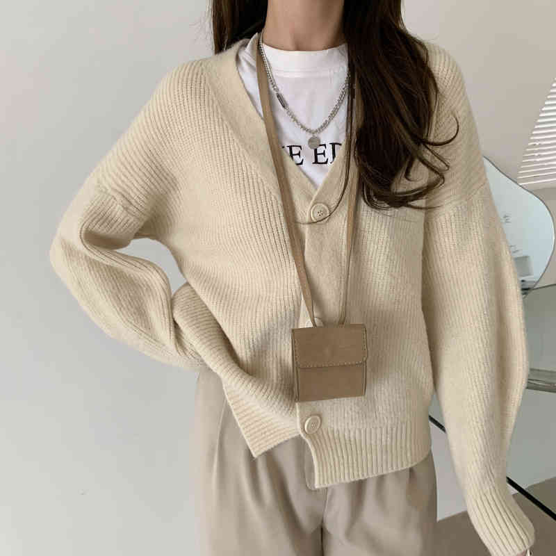 Comelsexy V Neck Knitted Sweater Cardigan Women Single Breasted Oversized Cardigans Crop Tops Autumn Winter Ladies Sweater 210515