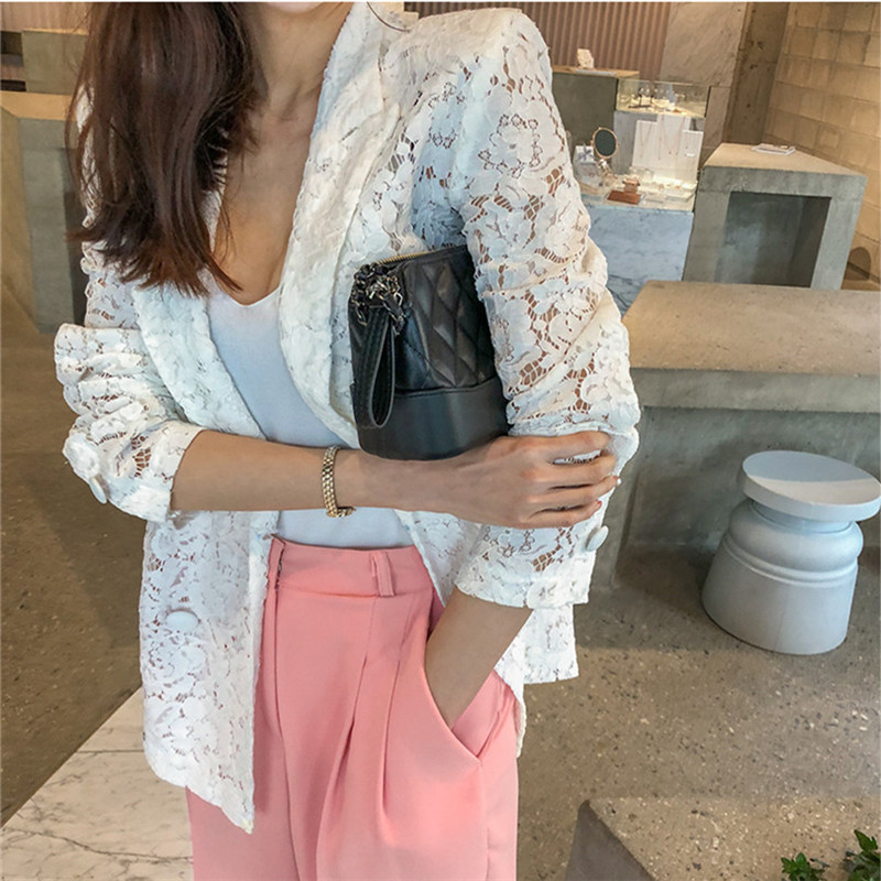 Double-breasted Sunscreen Lace Blazers Women Summer Office Lady Solid Minimalist OL Suit Jacket Tops Plus Size 210421