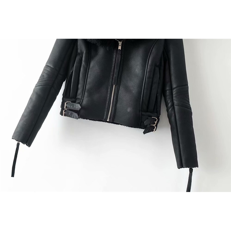 fashion women faux lamb wool fur leather jacket winter streetwear lady black outerwear with soft collar cool female suits 210527