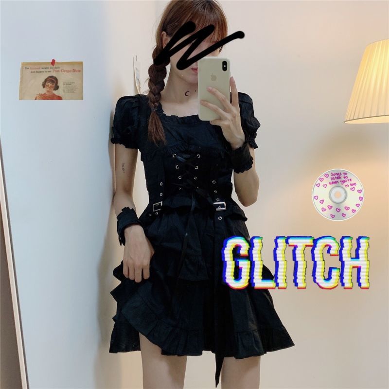 QWEEK Women's Gothic Lolita Dress Goth Punk Gothic Harajuku Mall Goth Style Bandage Black Dress Emo Clothes Dress Spring 210409