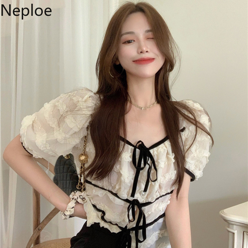 Neploe Korean Chiffon Shirt Women Contrast Color Patchwork Blusas Mujer Puff Sleeve Square Collar Blouses Summer Bow Chic Tops 210422