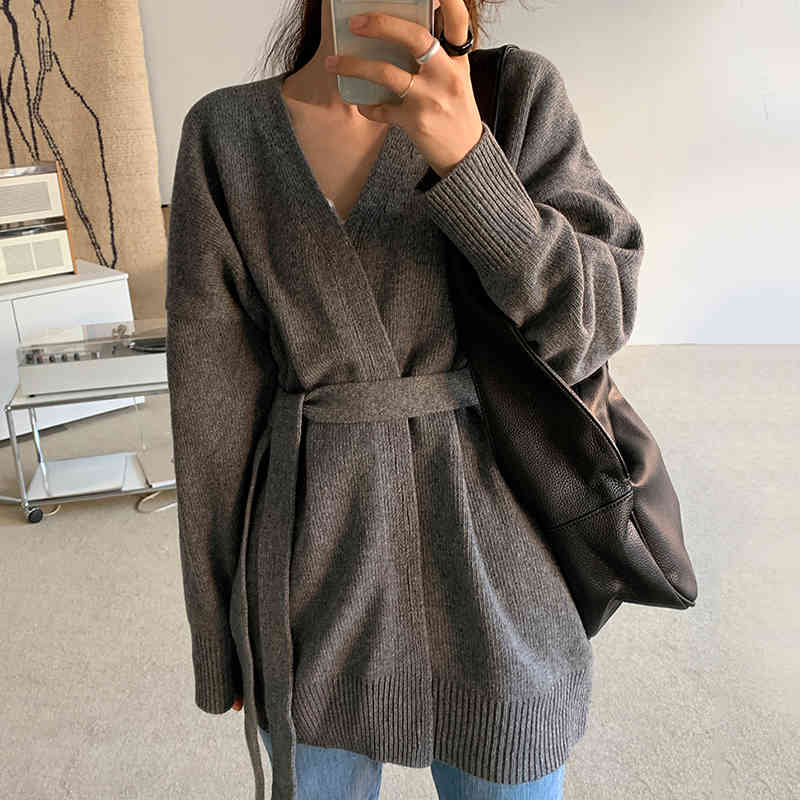 Nomikuma Autumn Winter Korean Sweater Coat Causal Belt Slim Waist Knitted Cardigan Long Sleeve V-neck Knitwear Jacket 6C678 210427
