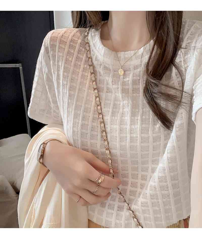 MATAKAWA Summer Korean Fashion Woman Tshirts Plaid Short-sleeved T-shirt Female Wild Loose Round Neck T-shirt Top 210513