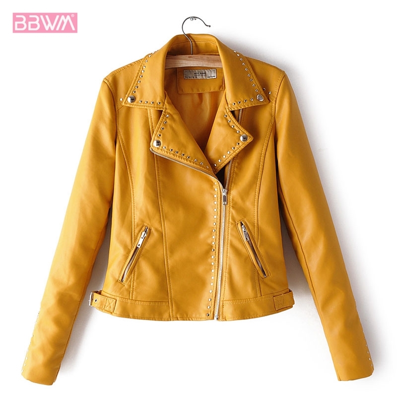 Yellow PU Lapel Long Sleeve Liuding Locomotive Women's Jacket Winter Windproof Simple Chic Slim Female Coat Black Red Top 210507