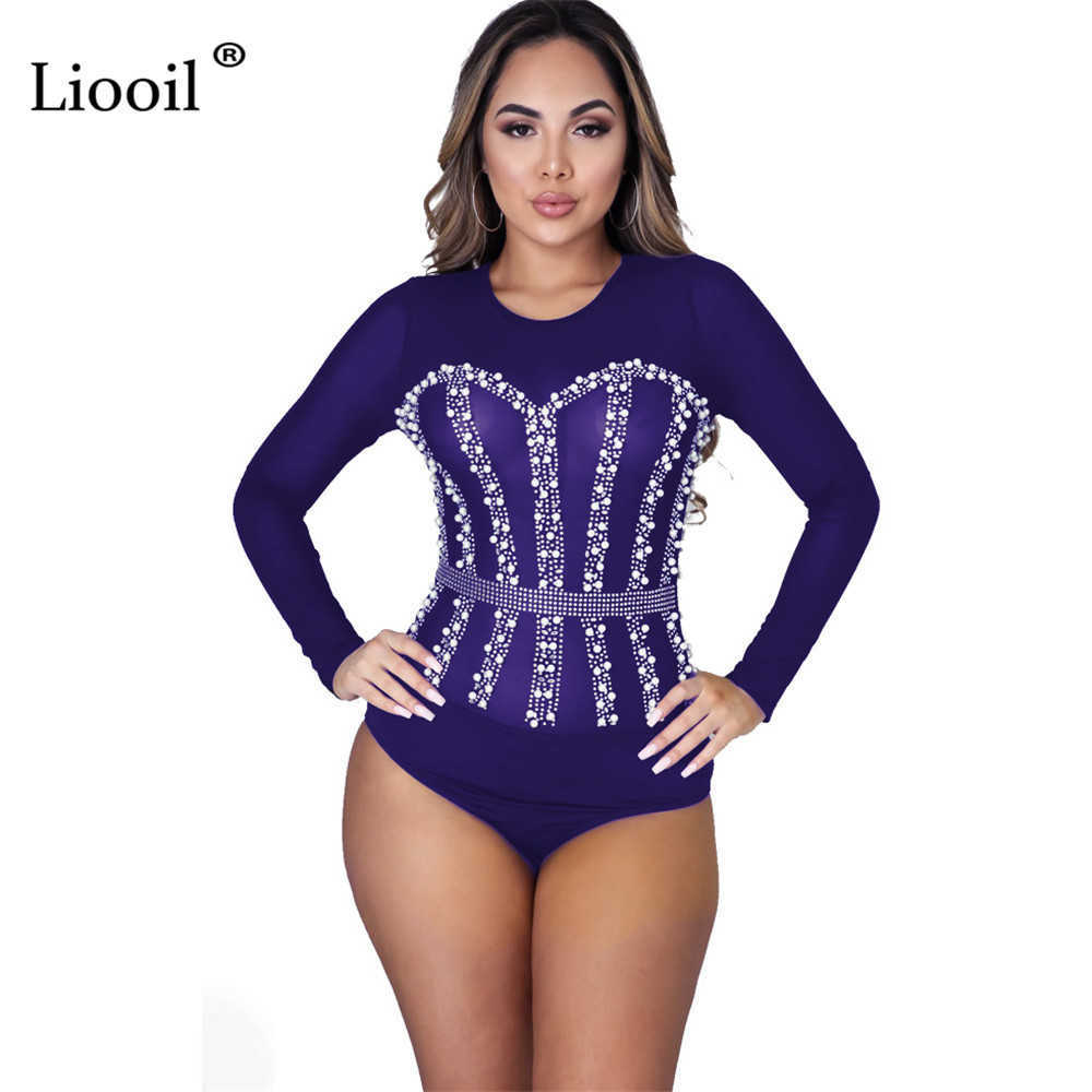 Liooil Mesh Sheer Bodysuits Sexy Tight Body Suit Top Long Sleeve See Through Bodycon Rompers Diamond Jumpsuits 210622