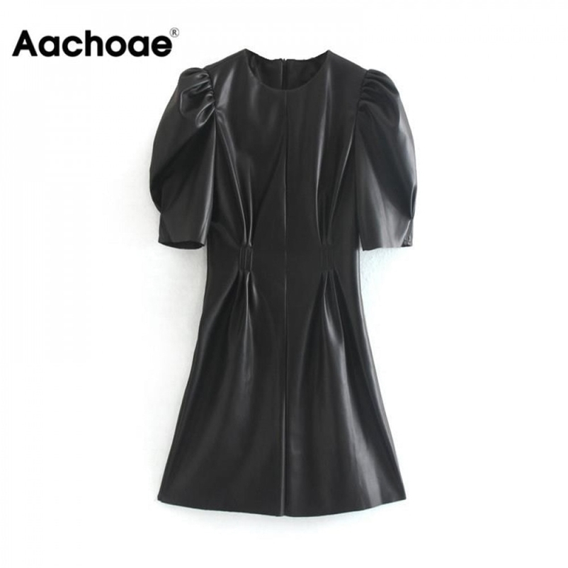 Aachoae Faux Leather Dress Women Sexy Club Puff Short Sleeve Bodycon Party Dress Vintage Pleated Tunic Black Mini Dress Vestidos 210409