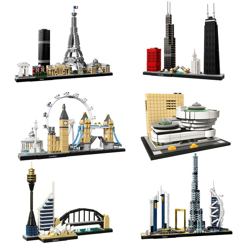 

Architecture Paris Dubai London Sydney Chicago Shanghai Building Blocks Kit Bricks Classic City Model Kid Toys For Children Gift 1008