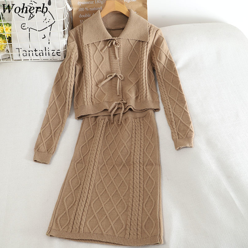 Vintage Korean Fashion Suit Two Piece Outfits for Women Knitted Sweater Coat Bodycon Skirt Femme Roupas 2 Set 4G277 210422