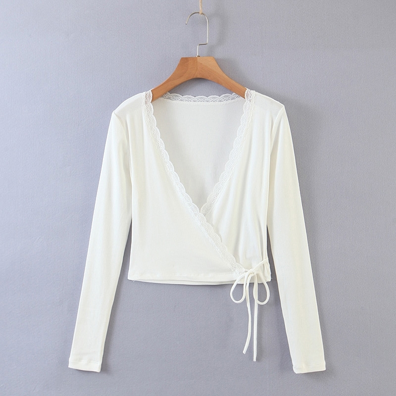Vintage Spliced Lace Cross V neck Tie Bow Rib Crop Cardigan Women Elegant Hem Bandage Sweater Long sleeve Short Jumper 210429