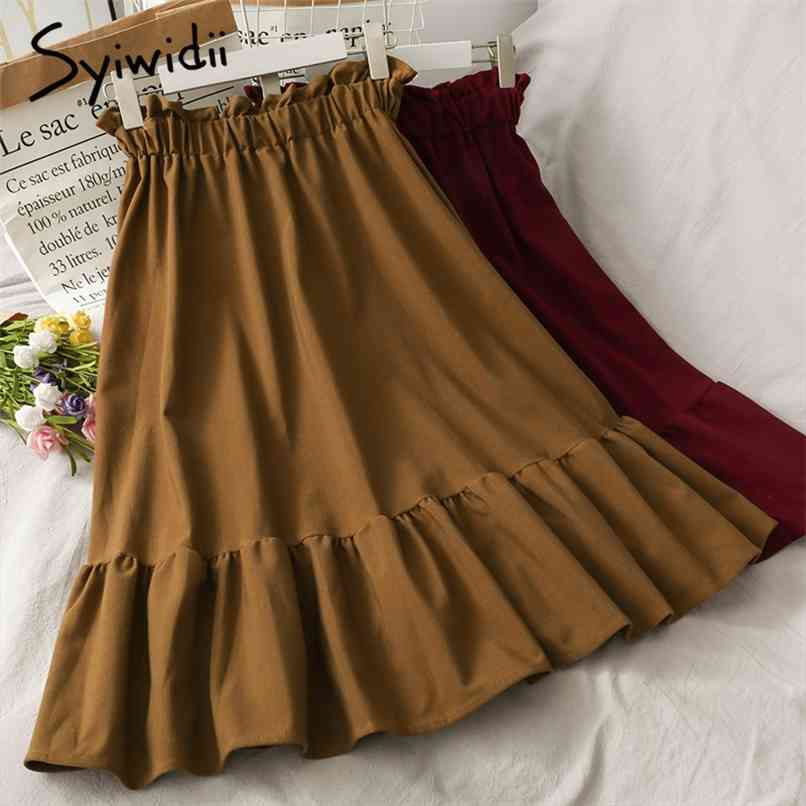 Vintage Elastic High Waist Skirt Women Ruffles Mid-Calf Casual A-Line Solid Black Spring Summer Fashion Skirts 210607
Vintage Elastic High Waist Skirt Women Ruffles Mid-Calf Casual A-Line Solid Black Spring Summer Fashion Skirts 210607