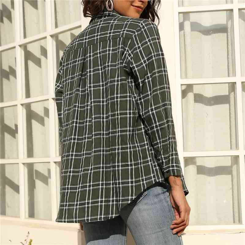 Streetwear Women Green Plaid Shirts Fashion Ladies Turn Down Collar Tops Vintage Female Chic Cotton 100% Blouses 210430