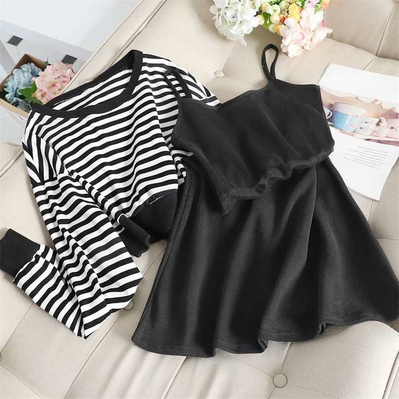 Striped sweater + suspender skirt two-piece set Korean casual student girl suit sets for women clothing 211106