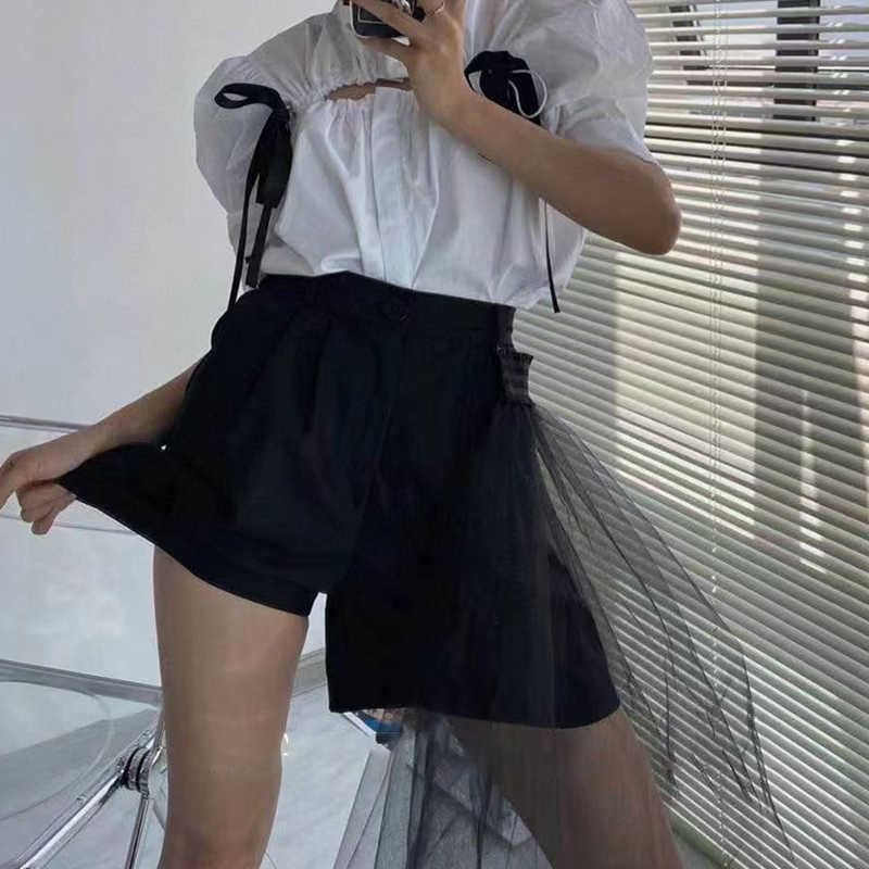 Casual Black Patchwork Mesh Irregular Short For Women High Waist Straight Loose Korean Shorts Female Summer Fashion 210531