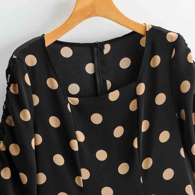 Spring Women Polka Dot Printing Side Slit Midi Dress Female Square Collar Long Sleeve Clothes Casual Lady Vestido D7197 210430
