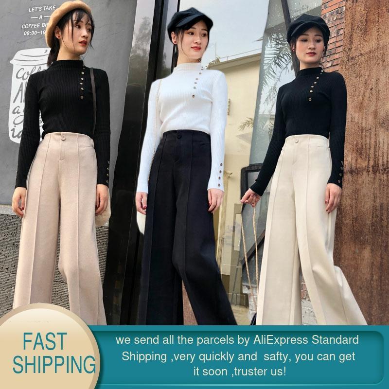 Elegant Women's Pants Korean Casual Woolen Warm for Women Thick Straight Trousers Wide Leg 210428