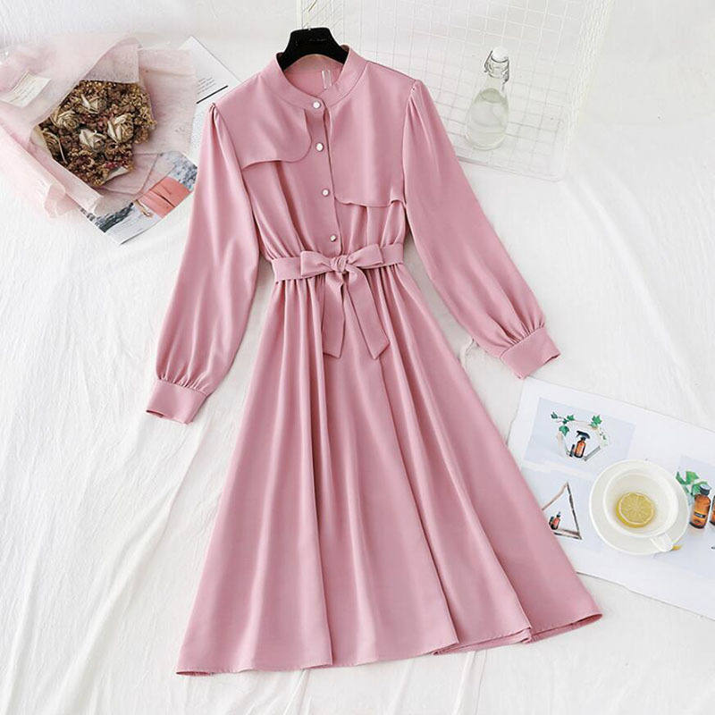 Solid Color Elegant Dress Women O-Neck Long Sleeve Buttons Bandage Dresses Spring A-line Office Ladies Midi Dress Vestido 210521