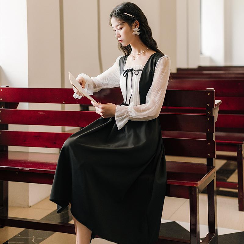 Fashion Women's Clothing Autumn Square Collar Vintage Patchwork Full Mid-Calf Dresses Casual