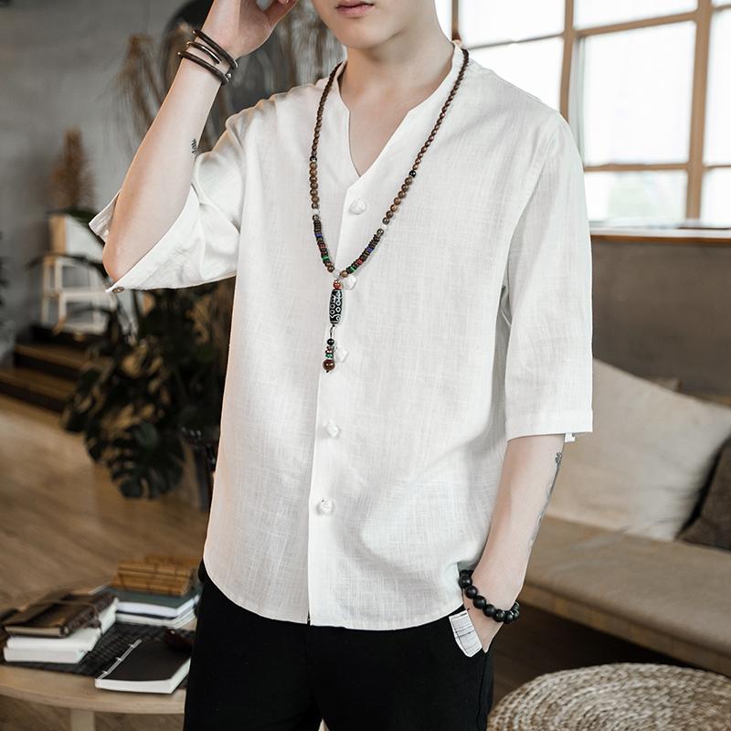 M-5XL 2021 Men Clothing Hair Stylist Fashion Street Summer Chinese Style Linen Buckle Shirt Plus Size Costumes Men's Casual Shirts