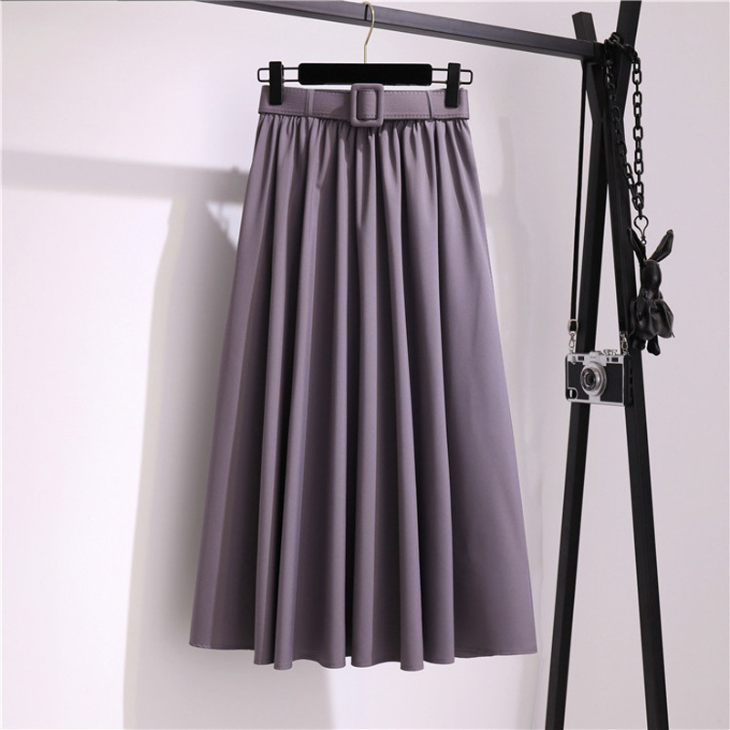 Soild With Belt Pleated Skirts Women Summer High Waist Vintage Splicing A-line Skirt Lady New Elegant Ruffles Midi Skirts 210415