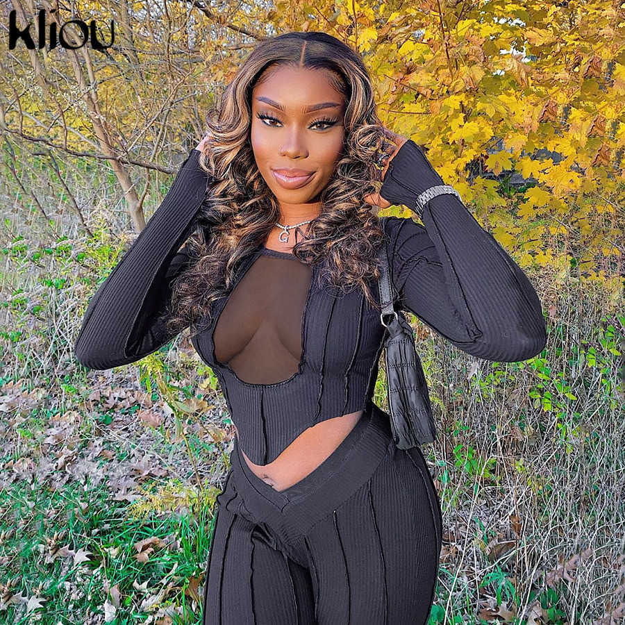Kliou Hollow Out Mesh Solid Two Piece Outfits Women Autumn Long Sleeve Crop Top And Pants Matching Sets Female Casual Streetwear 211007
