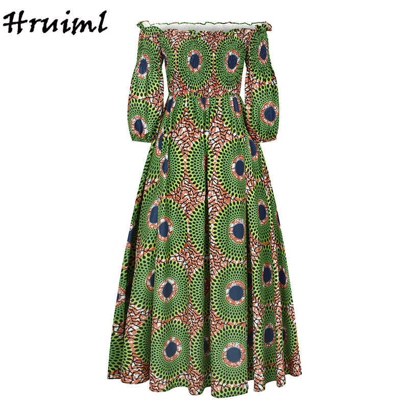 African Dresses for Women Fashion Floral Print Slash Neck Three Quarter Sleeve Maxi High Waist Vintage Long Autumn 210623